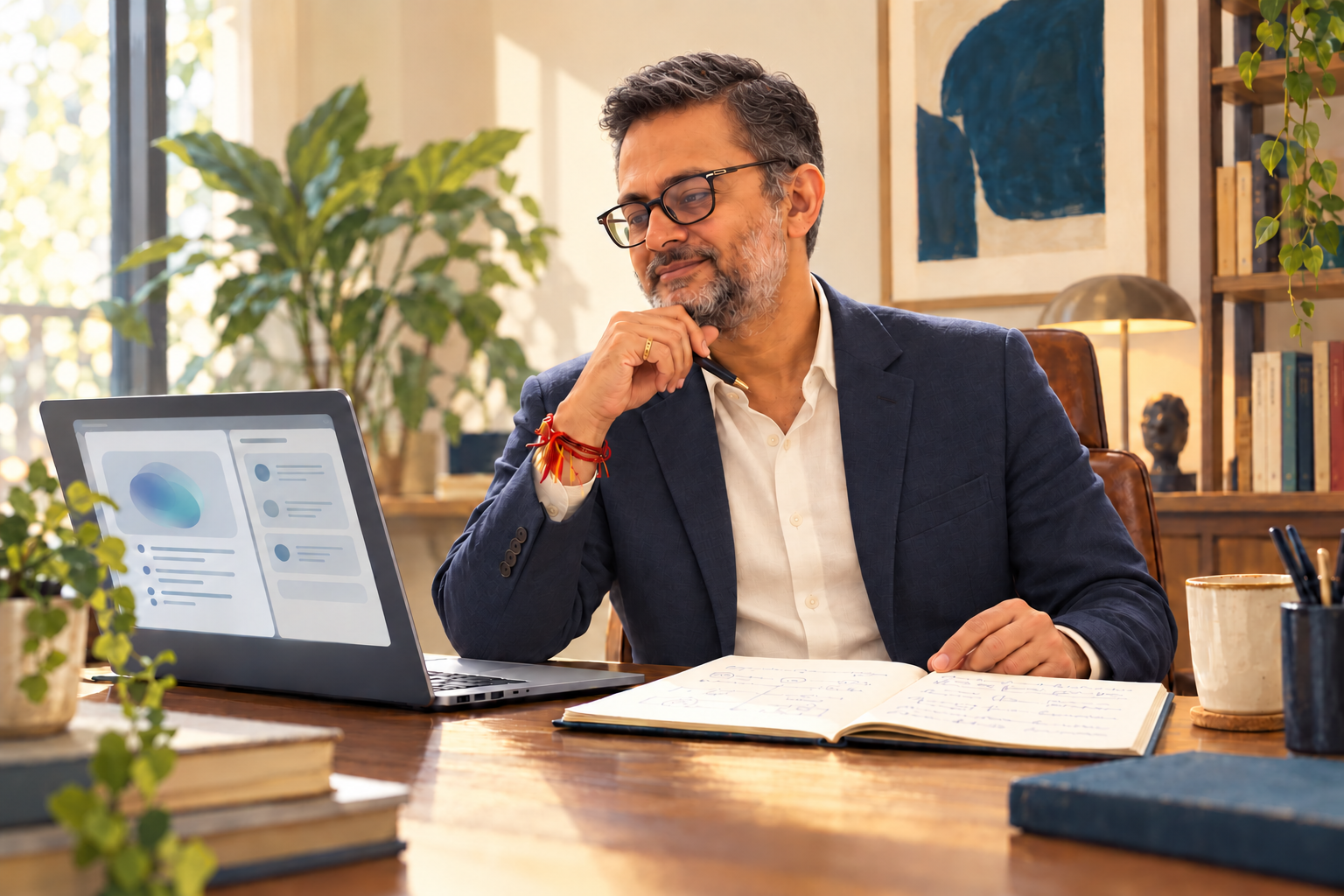 AI-generated avatar inspired by Wisomi founder Vishal Mehta, thoughtfully checking an illustrative AI screen against a notebook