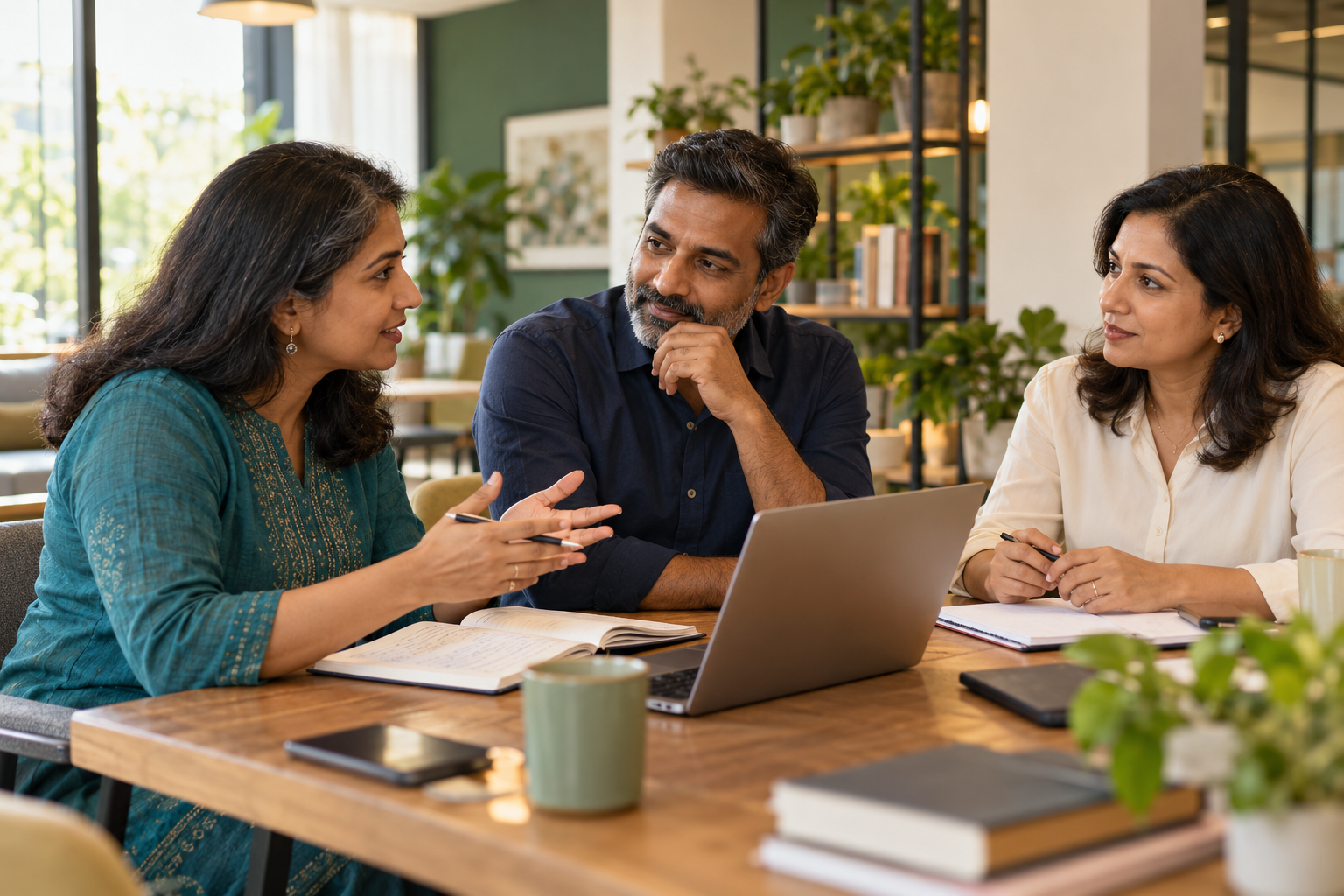 Fictional Indian professionals sharing ideas around a table